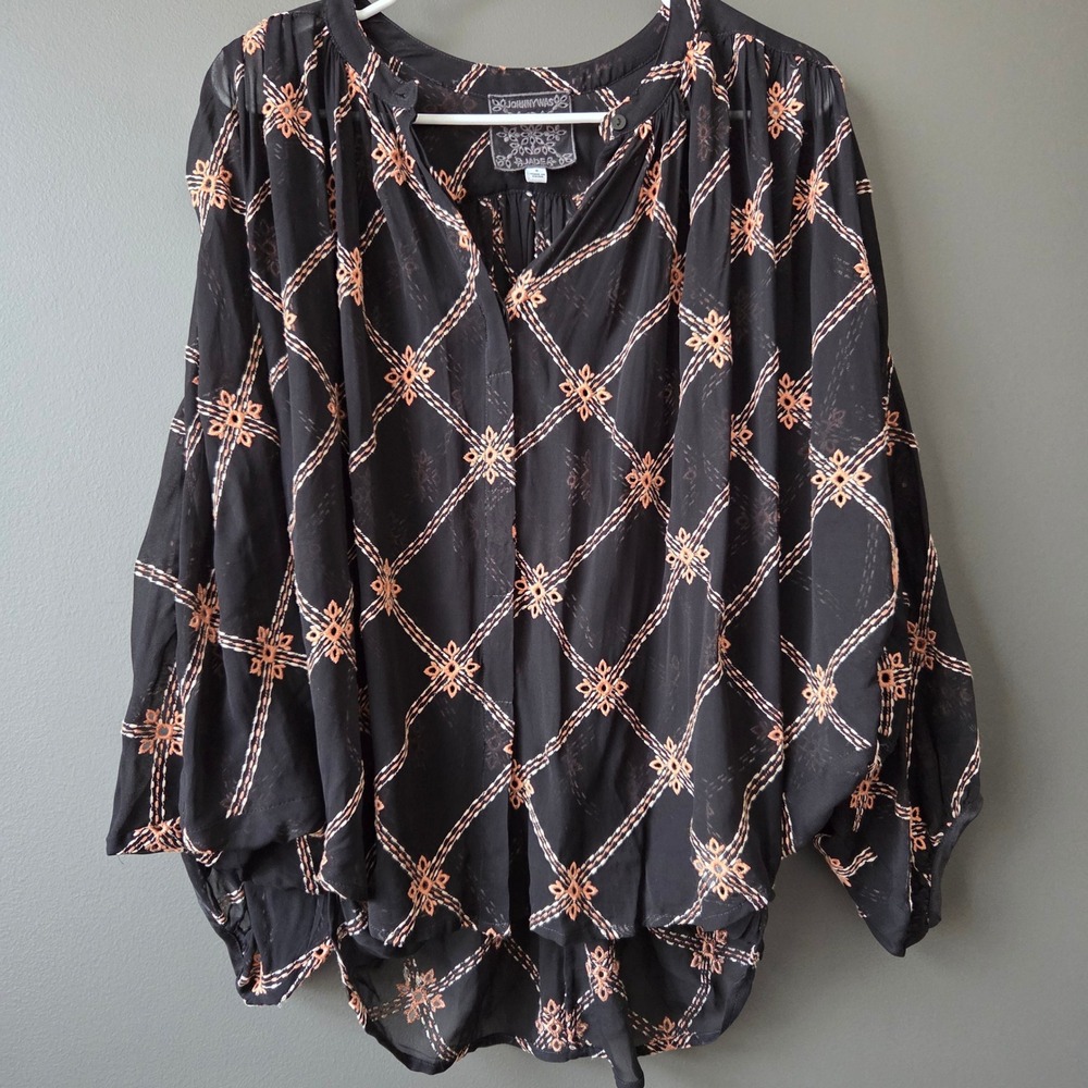 Johnny Was Jade Iman Embroidered‎ Black Sheer Boho Peasant Blouse Top Size S